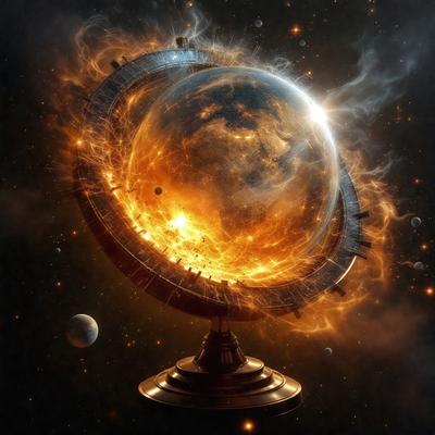 Primary subject: A large, glowing, and fiery globe, possibly a model of the Earth, is the main focus of the image.

Setting/background: The globe is placed on a stand, and the background features a night sky with stars.

Visual style: The image is a digital artwork, showcasing the globe as the main subject.

Colors and mood: The colors in the image are predominantly orange and yellow, creating a warm and vibrant atmosphere.